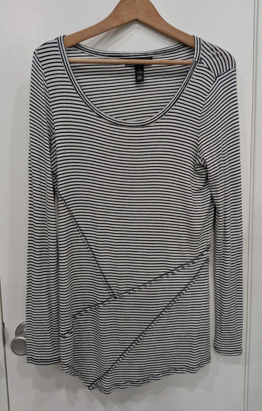 INC International Concepts Striped Ribbed Top Small Black White Raw Hem Modal